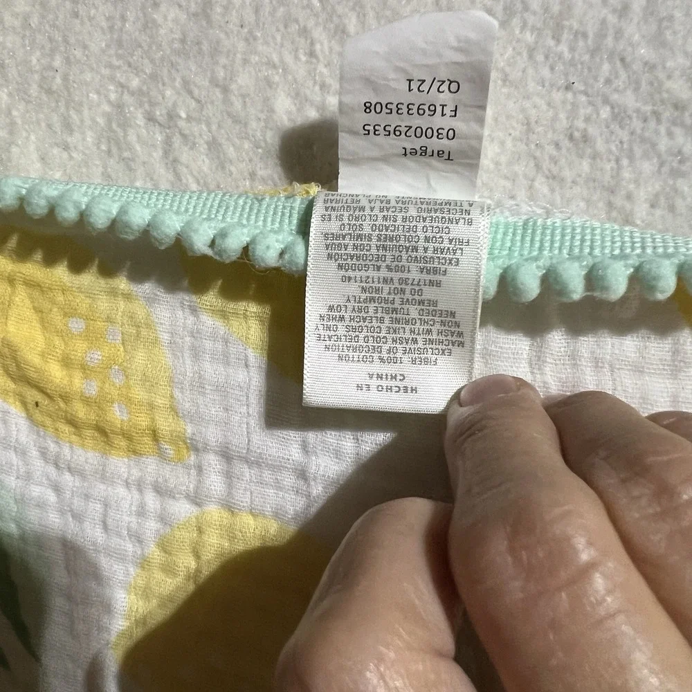 Muslin Baby Swaddle Blanket Yellow Lemon Print Mint Pom Pom Trim Cotton Gauze